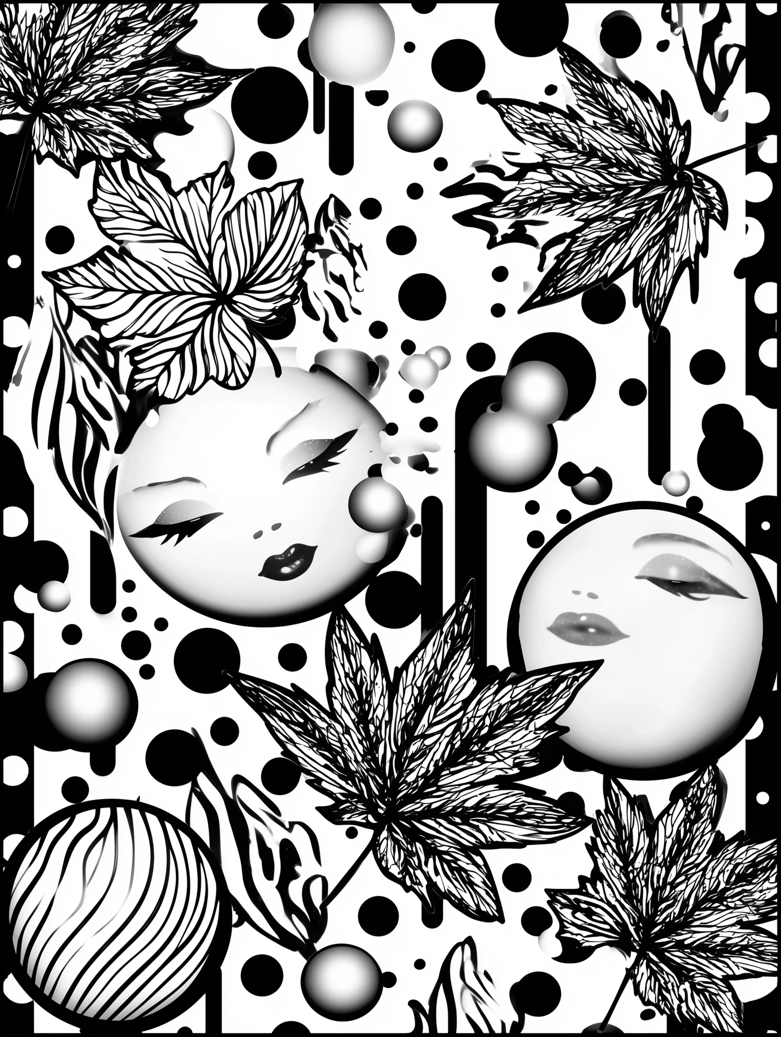 Free printable coloring page for adults featuring artistic faces and leaves